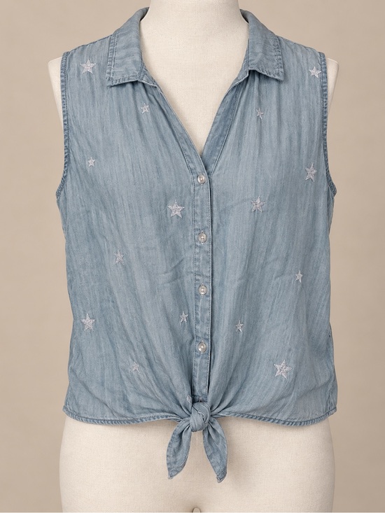 Velvet Heart Tops - Velvet Heart Light Blue Star-Embroidered Tie-Front Button Down Top
